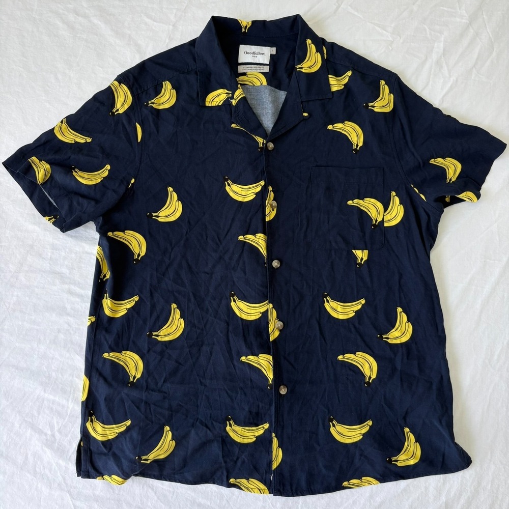 Mens Navy Blue Banana Print Short Sleeve Button-Up Shirt Super soft 100% Rayon L